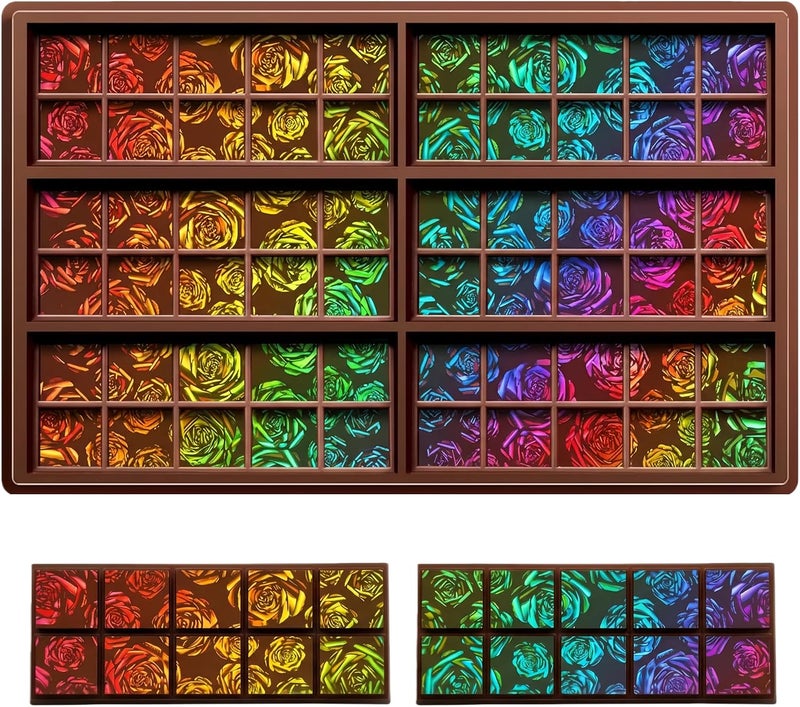 Ziliny 1 Pcs Holographic Chocolate Molds Resin Silicone Chocolate Bar Deep Thick Molds for Christmas Family DIY Baking Wax Melts Party Supplies(Rose 1) - Image 1