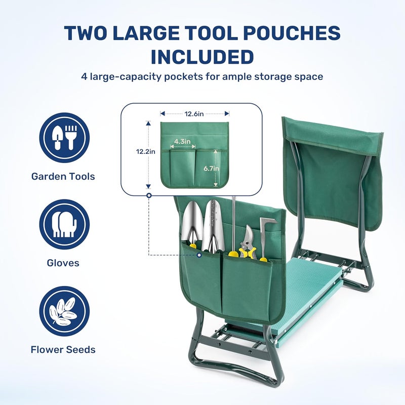 HealSmart Garden Kneeler and Seat, Foldable Kneeling Bench with Sturdy Soft EVA Foam Pad, for Camping, Gardening, Fishing, 1 Apron and 2 Tool Pouches Included, Green - Image 5