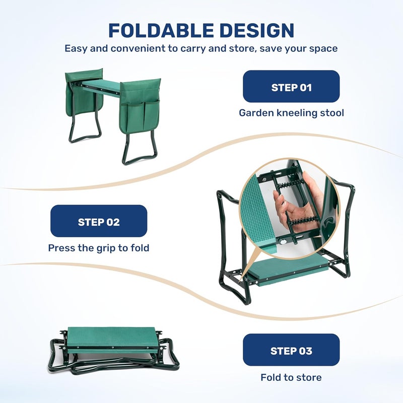 HealSmart Garden Kneeler and Seat, Foldable Kneeling Bench with Sturdy Soft EVA Foam Pad, for Camping, Gardening, Fishing, 1 Apron and 2 Tool Pouches Included, Green - Image 3