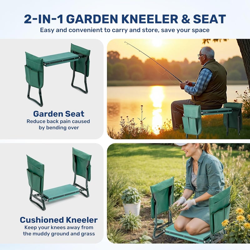 HealSmart Garden Kneeler and Seat, Foldable Kneeling Bench with Sturdy Soft EVA Foam Pad, for Camping, Gardening, Fishing, 1 Apron and 2 Tool Pouches Included, Green - Image 4