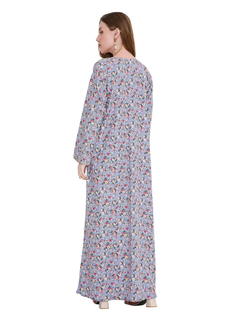 هانا آند سارا classic long viscose printed farasha with elegant thread embroidery arabic kaftan jalabiya dress