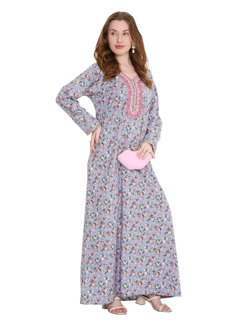 HANA & SARA classic long viscose printed farasha with elegant thread embroidery arabic kaftan jalabiya dress
