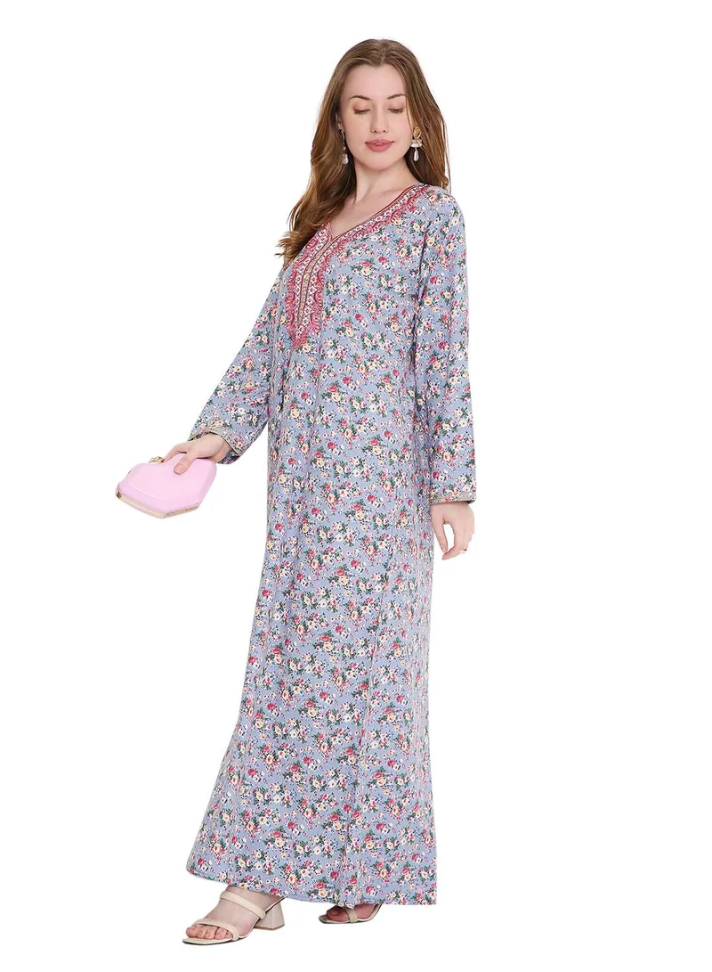 HANA & SARA classic long viscose printed farasha with elegant thread embroidery arabic kaftan jalabiya dress