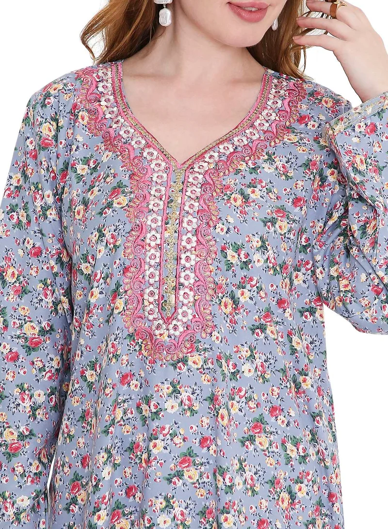 HANA & SARA classic long viscose printed farasha with elegant thread embroidery arabic kaftan jalabiya dress