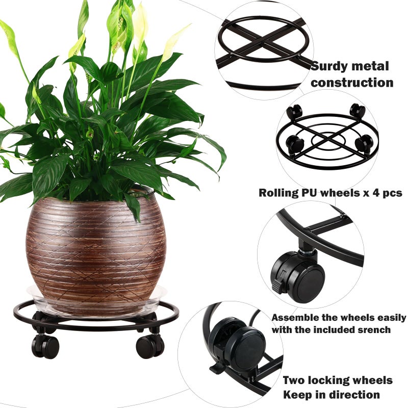 Planterhoma 3 Packs Large Metal Plant Caddy 13.5" Heavy-duty Plant Dolly with Wheels Iron Rolling Plant Stand with Casters Indoor Outdoor Plant Pot Movers Rollers Coaster Trolley, Black - Image 2