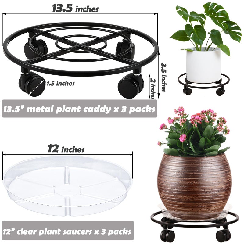 Planterhoma 3 Packs Large Metal Plant Caddy 13.5" Heavy-duty Plant Dolly with Wheels Iron Rolling Plant Stand with Casters Indoor Outdoor Plant Pot Movers Rollers Coaster Trolley, Black - Image 4