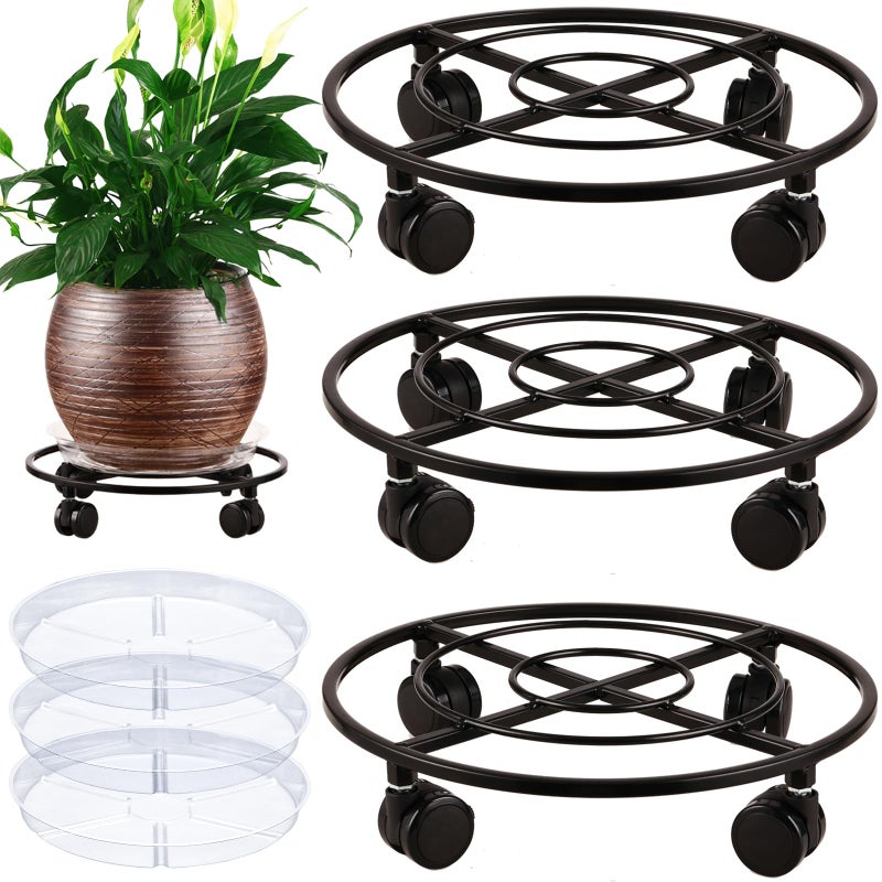 Planterhoma 3 Packs Large Metal Plant Caddy 13.5" Heavy-duty Plant Dolly with Wheels Iron Rolling Plant Stand with Casters Indoor Outdoor Plant Pot Movers Rollers Coaster Trolley, Black - Image 1
