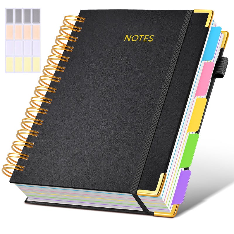 dilitego Hardcover Spiral Notebook journal with Removable Dividers Tabs, 300 Pages Leather 5 Subject Notebook College Ruled, 100GMS A5 Notebooks for Work School Note taking,Lined Journal for Women,A5-Black - Image 1