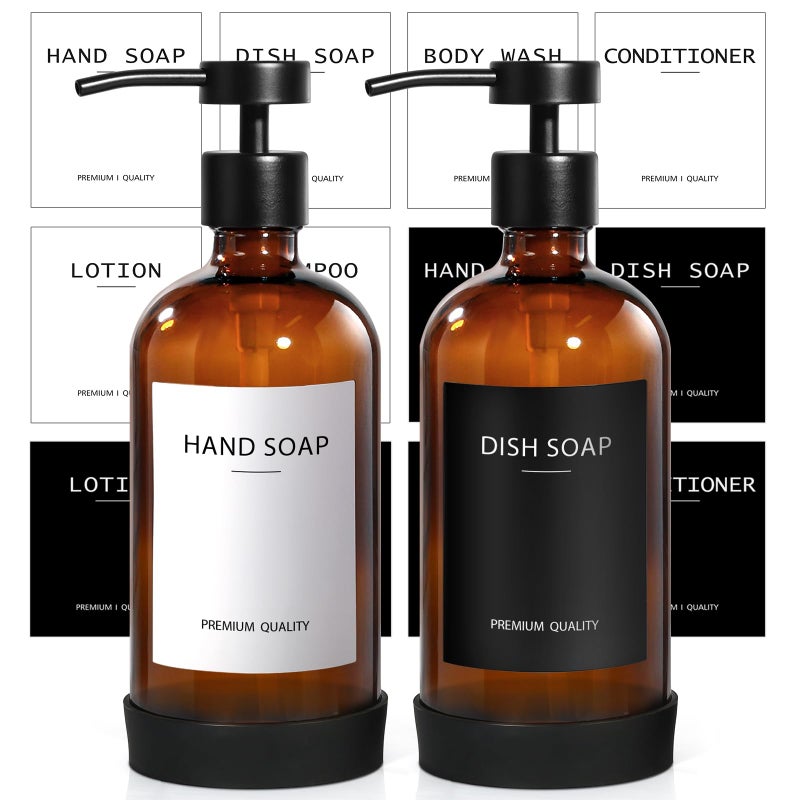 RYTOXILO Amber Glass Soap Dispenser 2 Pack Hand Soap Dispenser Bathroom with Stainless Steel Pump 169 Fl oz Hand and Dish Soap Dispensers Set Kitchen Modern Brown Soap Lotion Dispensers Bottle