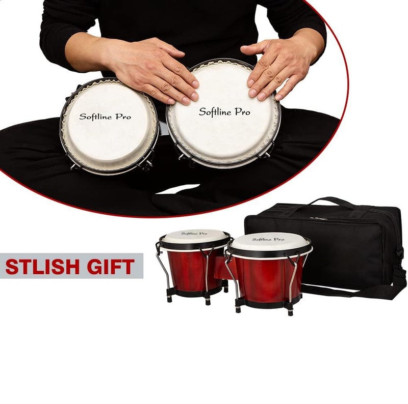 Softline Pro SP-BNG-RD Bongo Drum Set with Tuning Wrench & Padded Professional Wooden Percussion Instrument for Beginner Adults Kids - Natural Skin (Red) - Image 4