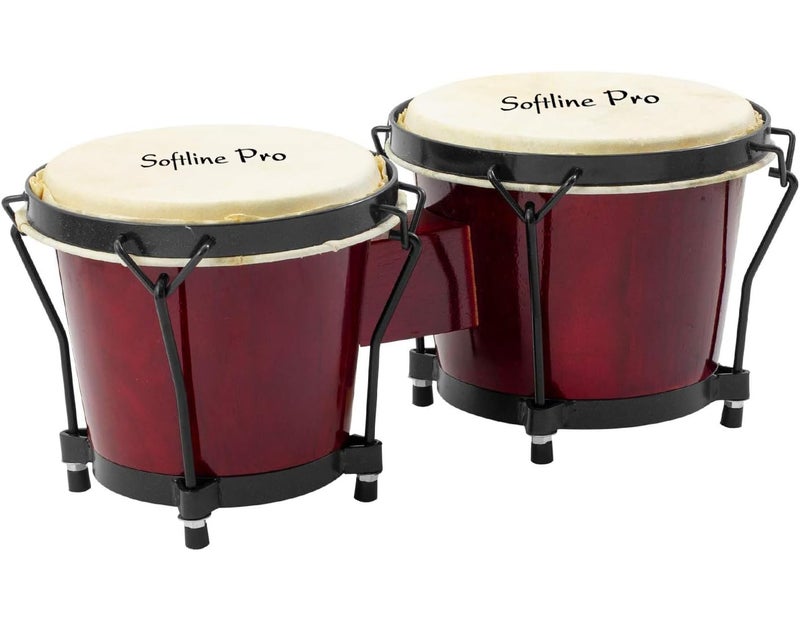 Softline Pro SP-BNG-RD Bongo Drum Set with Tuning Wrench & Padded Professional Wooden Percussion Instrument for Beginner Adults Kids - Natural Skin (Red) - Image 2