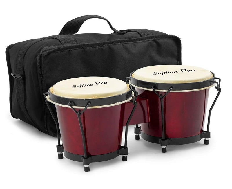 Softline Pro SP-BNG-RD Bongo Drum Set with Tuning Wrench & Padded Professional Wooden Percussion Instrument for Beginner Adults Kids - Natural Skin (Red) - Image 1