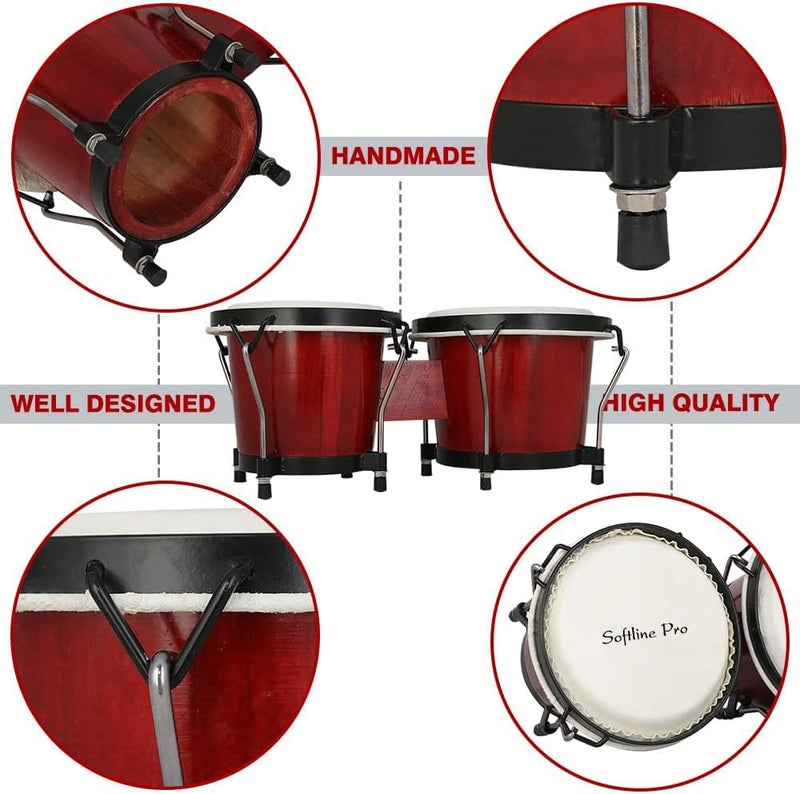 Softline Pro SP-BNG-RD Bongo Drum Set with Tuning Wrench & Padded Professional Wooden Percussion Instrument for Beginner Adults Kids - Natural Skin (Red) - Image 5