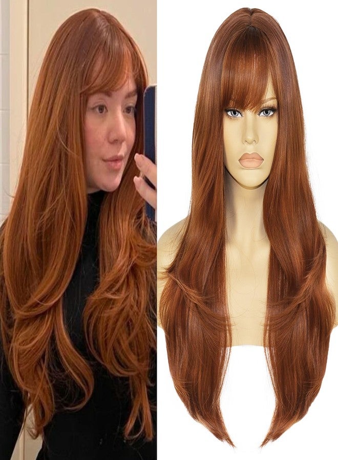 Ebingoo 28 Inch Ginger Wig - Auburn Wavy Long Wig with Bangs - Synthetic Wig for Women & Girls - Daily Wear & Halloween Party - Image 1