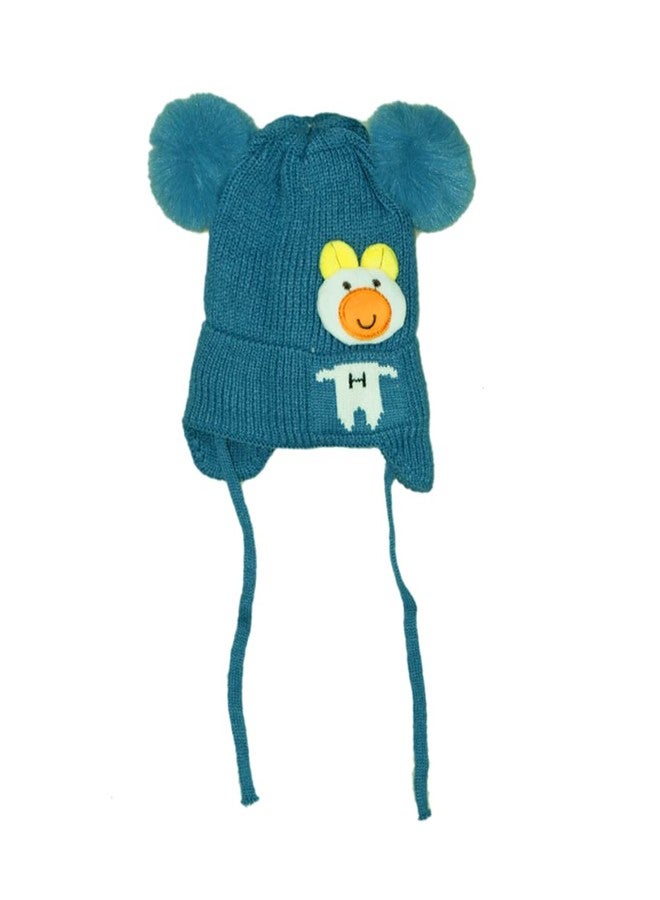 JMP Kids Unisex Woolen Fur POM POM Beanie Cap/Stretchable Winter Warm Cap/Hat Ear Flap Caps with Tie Knot for Baby Boy and Girls (1 Till 4 Years) (Pack of 1) (Blue) - Image 1