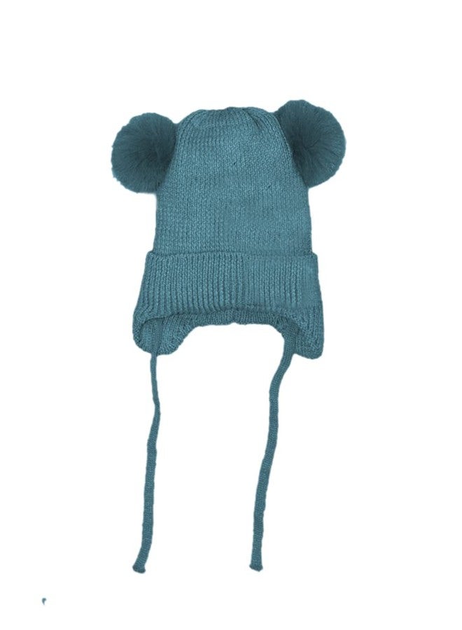 JMP Kids Unisex Woolen Fur POM POM Beanie Cap/Stretchable Winter Warm Cap/Hat Ear Flap Caps with Tie Knot for Baby Boy and Girls (1 Till 4 Years) (Pack of 1) (Blue) - Image 2