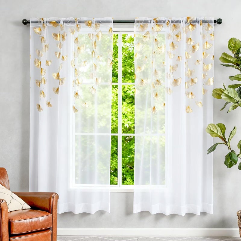 youleyar Gold Foil Print Sheer Curtains, 2 Panels Ginkgo Bronzing Treatment Sheer Curtain, Rod Pocket Drapes for Bedroom and Home Decor, 52" W x 84" L - Image 2