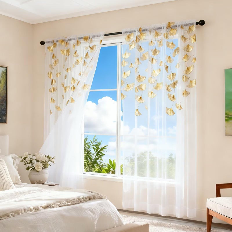 youleyar Gold Foil Print Sheer Curtains, 2 Panels Ginkgo Bronzing Treatment Sheer Curtain, Rod Pocket Drapes for Bedroom and Home Decor, 52" W x 84" L - Image 3