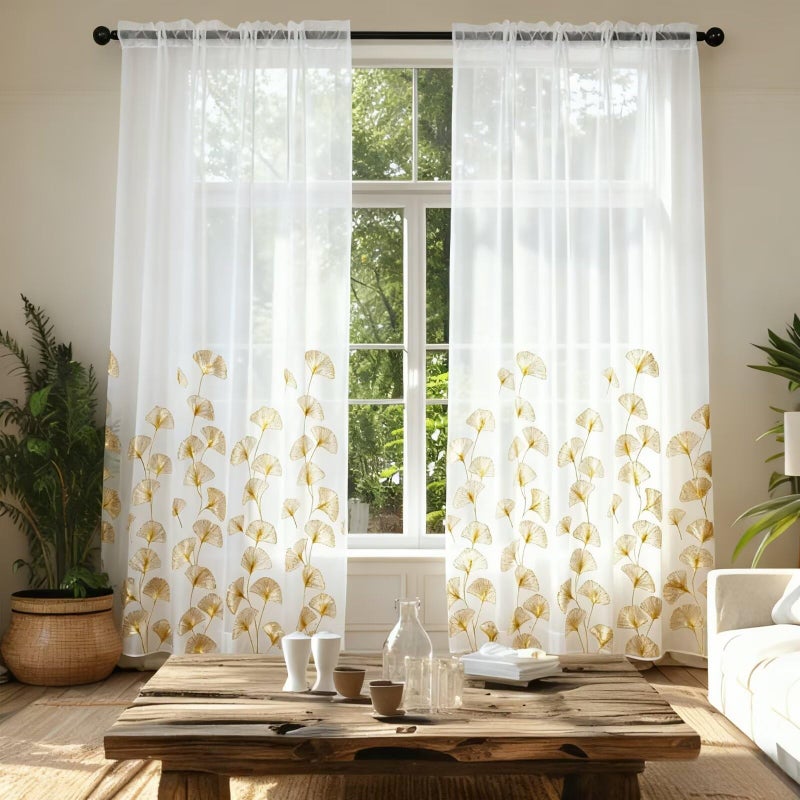 youleyar Gold Foil Print Sheer Curtains, 2 Panels Ginkgo Bronzing Treatment Sheer Curtain, Rod Pocket Drapes for Bedroom and Home Decor, 52" W x 84" L - Image 1