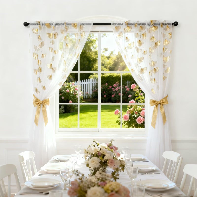 youleyar Gold Foil Print Sheer Curtains, 2 Panels Ginkgo Bronzing Treatment Sheer Curtain, Rod Pocket Drapes for Bedroom and Home Decor, 52" W x 84" L - Image 5