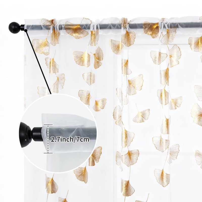 youleyar Gold Foil Print Sheer Curtains, 2 Panels Ginkgo Bronzing Treatment Sheer Curtain, Rod Pocket Drapes for Bedroom and Home Decor, 52" W x 84" L - Image 4