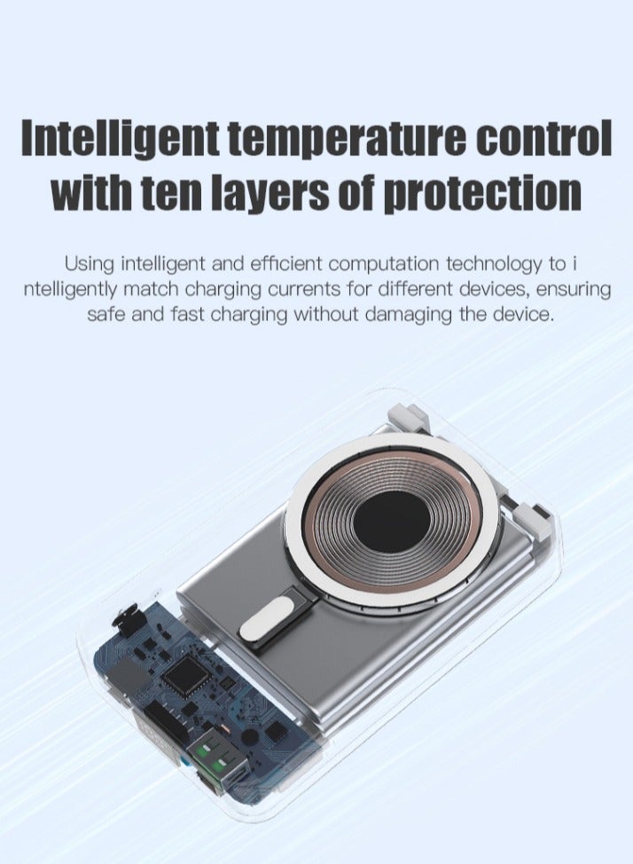 بنك الطاقة WST بسعة 10000mAh، شحن لاسلكي مغناطيسي سريع، شاشة رقمية ذكية، حامل مدمج، كابلين مدمجين (1Type-C و 1Lightning)، بالإضافة إلى الشحن اللاسلكي - 3 منافذ إدخال و4 منافذ إخراج للشحن - أزرق. - Image 3