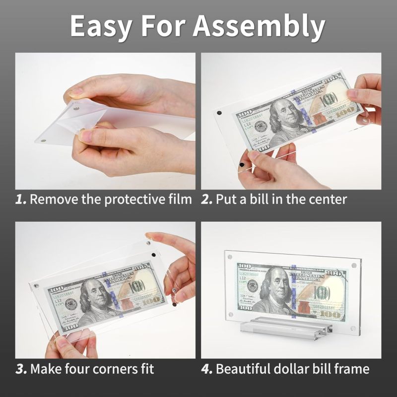 Dollar Bill Frame 18.7x9.1cm Magnetic Tool-Free Assembly Acrylic Display Frame - Double-Sided Crystal Clear Viewing Currency Holder for Home Office Desktop Collectible Display - Image 2