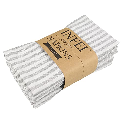 INFEI Plain Striped Cotton Linen Blended Dinner Cloth Napkins - Set of 12 (17 x 17 inches) - for Events & Home Use (Grey) - Image 1