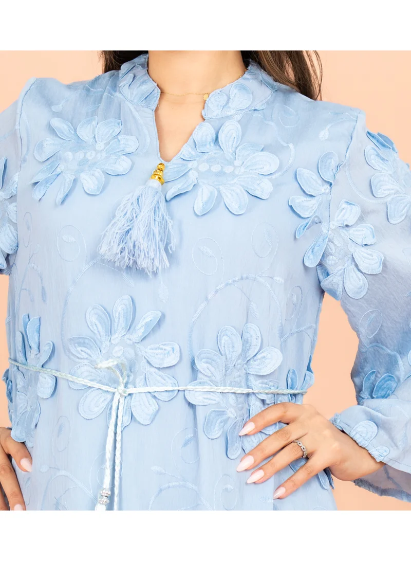 Ikkxa Mandarin Colar 3D flowers Modern Jalabiya IK5011 Blue