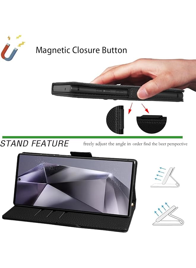 إيروريكس حافظة محفظة لهاتف Samsung Galaxy S24 Ultra بقفل مغناطيسي وحامل معصم وحزام للبطاقات وغطاء قابل للطي مقاوم للصدمات باللون الأسود - Image 3