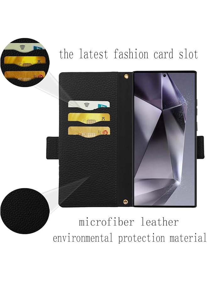 إيروريكس حافظة محفظة لهاتف Samsung Galaxy S24 Ultra بقفل مغناطيسي وحامل معصم وحزام للبطاقات وغطاء قابل للطي مقاوم للصدمات باللون الأسود - Image 4