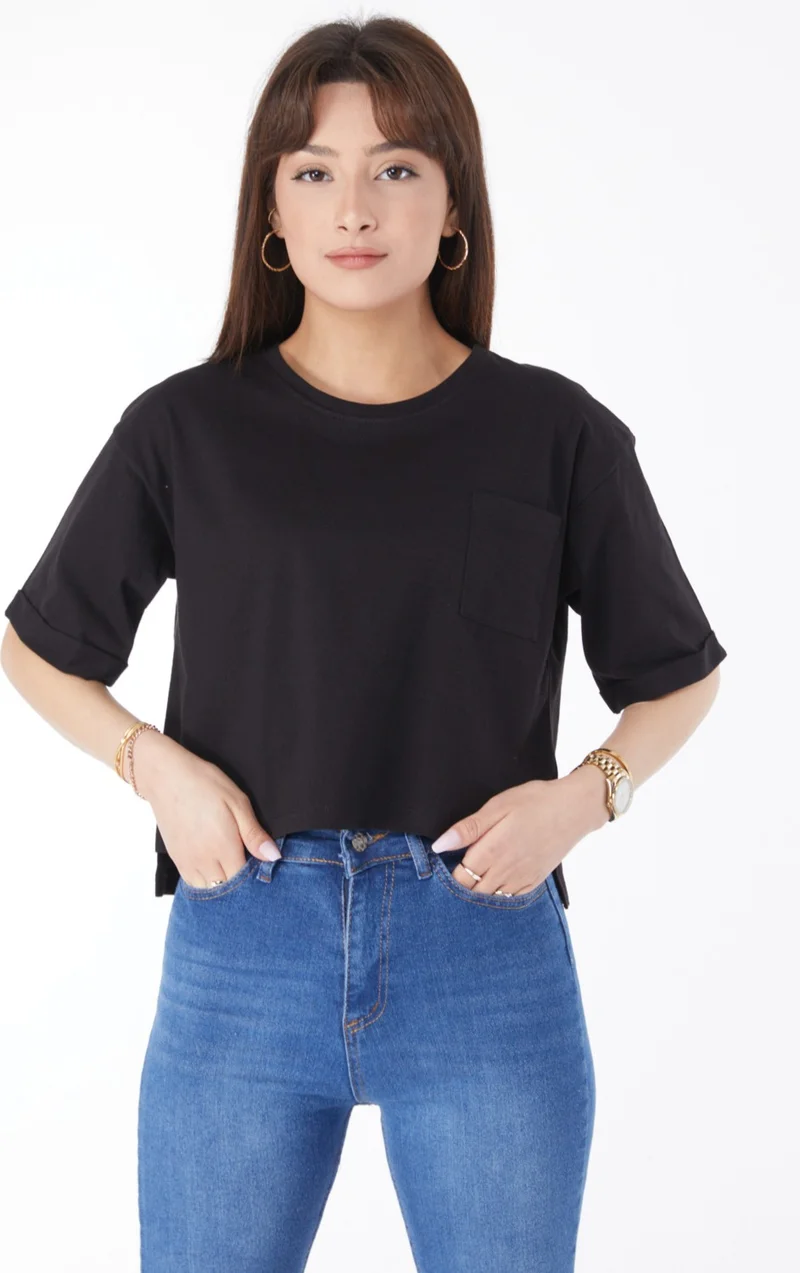 Tofisa Plain Crew Neck Women's Black Pocket Slit T-Shirt - 24790