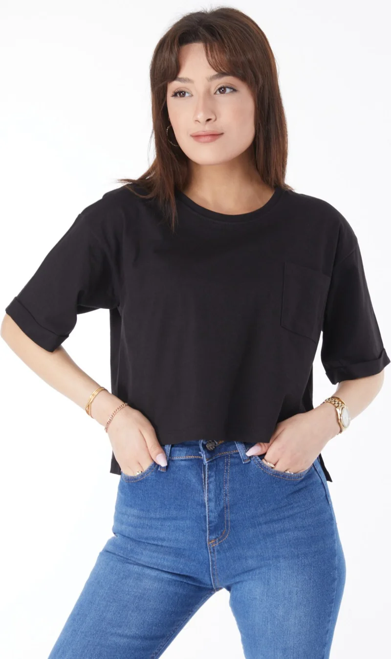 Tofisa Plain Crew Neck Women's Black Pocket Slit T-Shirt - 24790