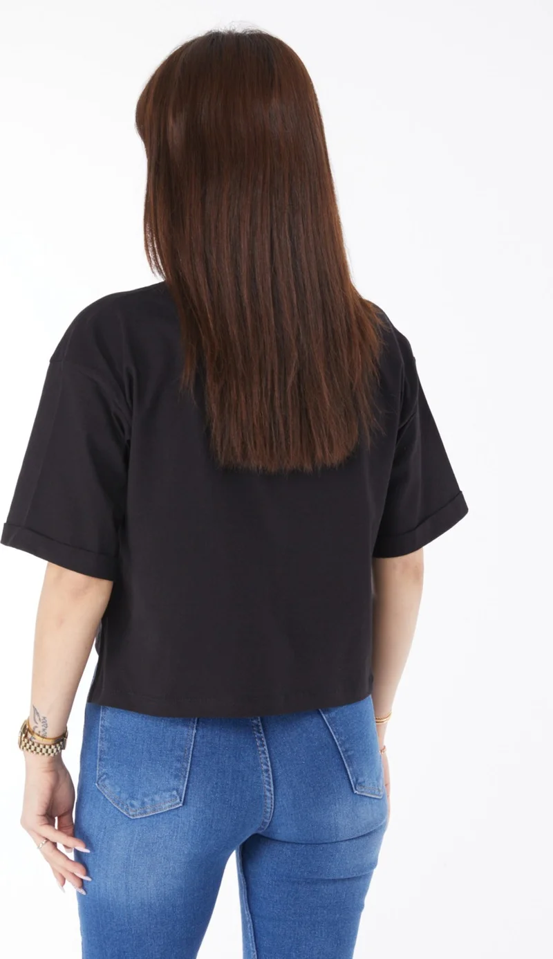 Tofisa Plain Crew Neck Women's Black Pocket Slit T-Shirt - 24790
