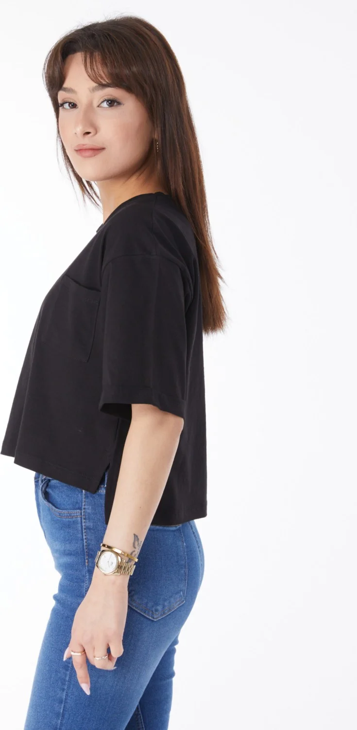 Tofisa Plain Crew Neck Women's Black Pocket Slit T-Shirt - 24790