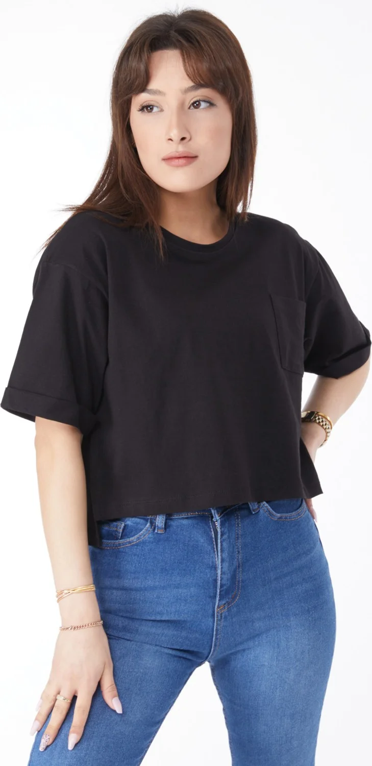 Tofisa Plain Crew Neck Women's Black Pocket Slit T-Shirt - 24790