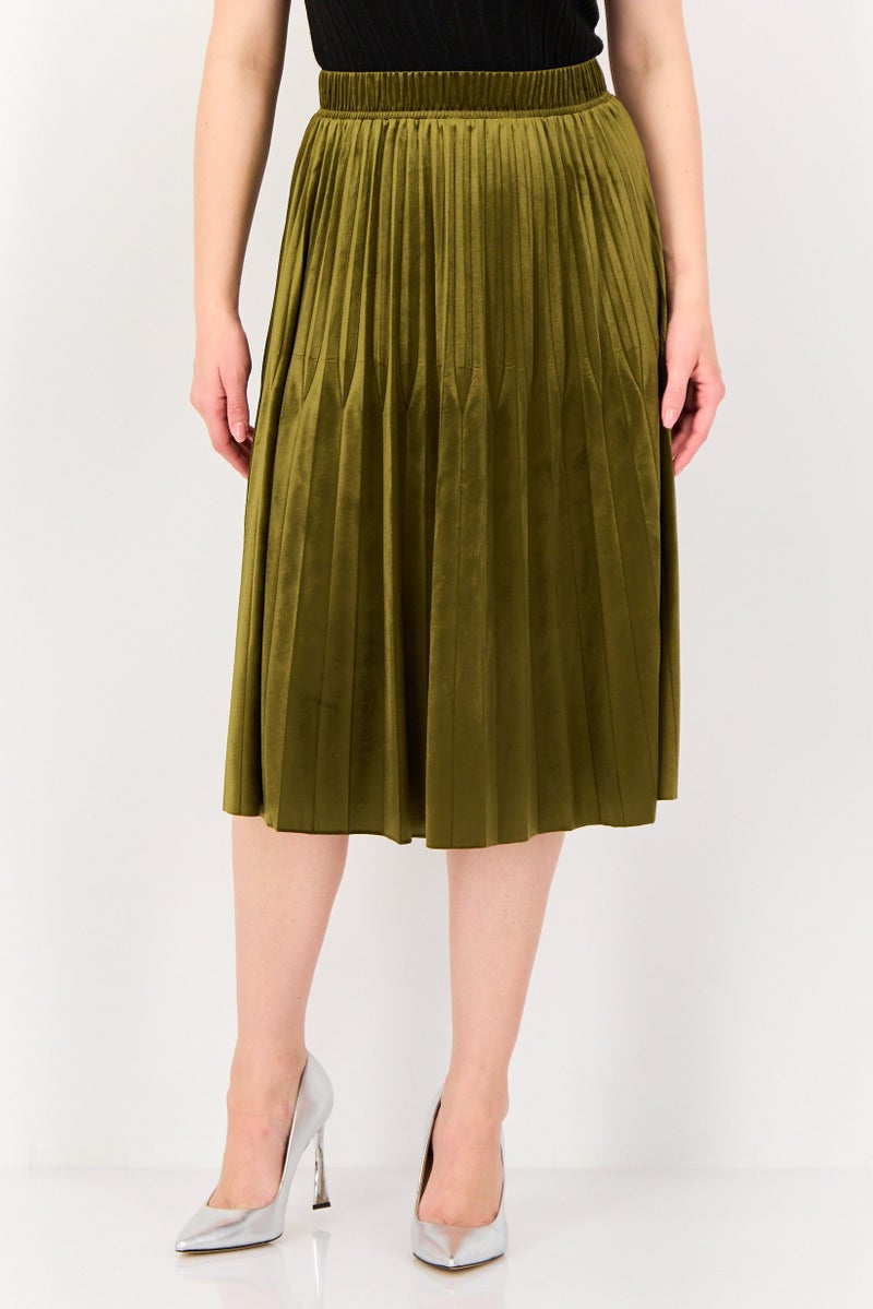 SELECTED Women Regular Length Pleated Midi Skirt, Dark Olive - Image 1