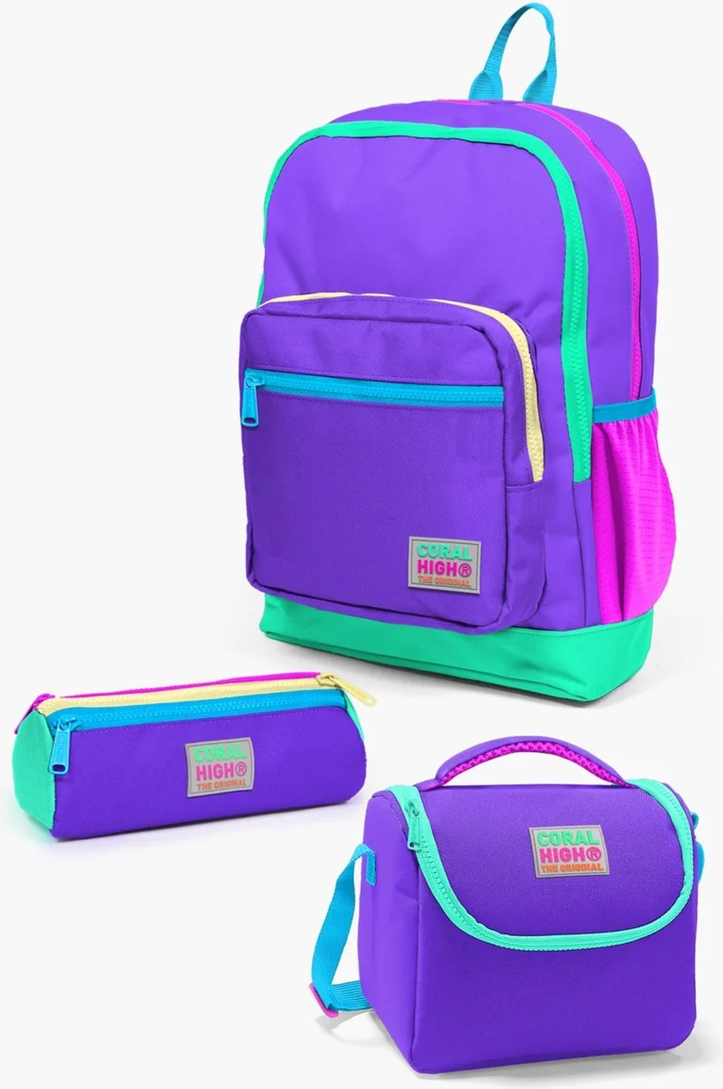 CORAL HIGH Kids Purple Color Detailed 3-Piece School Bag Set SET0123734