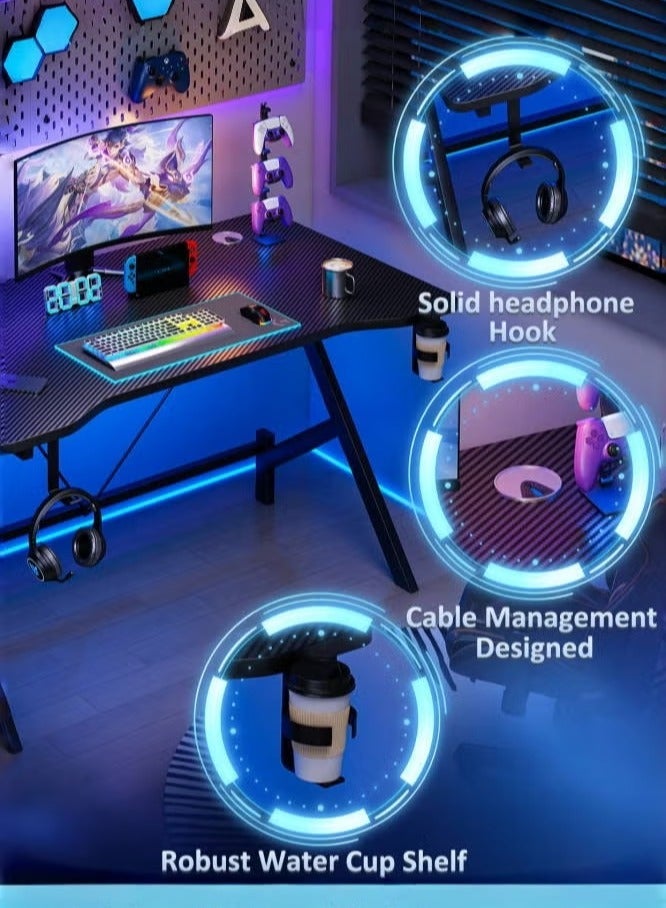 هارلان طاوله قيمنق مع حامل أكواب وخطاف سماعة رأس، مكتب كمبيوتر شخصي مريح، مكتب قيمنق بسطح من ألياف الكربون، مكتب دراسة وكتابة ومكاتب منزلية، مثالي للطلاب واللاعبين - Image 3
