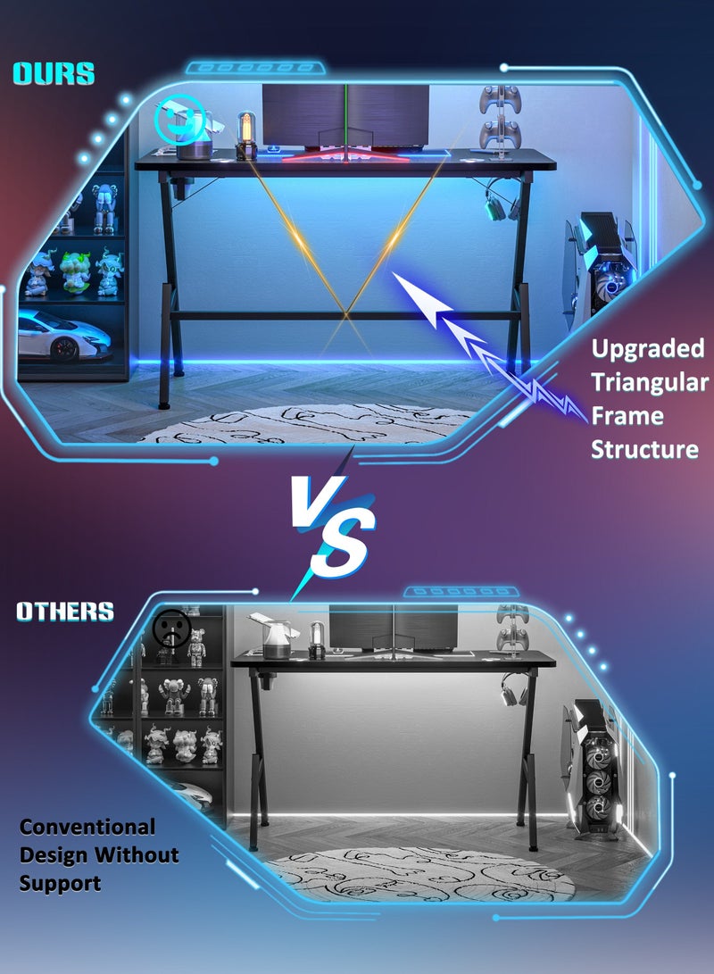 هارلان طاوله قيمنق مع حامل أكواب وخطاف سماعة رأس، مكتب كمبيوتر شخصي مريح، مكتب قيمنق بسطح من ألياف الكربون، مكتب دراسة وكتابة ومكاتب منزلية، مثالي للطلاب واللاعبين - Image 5