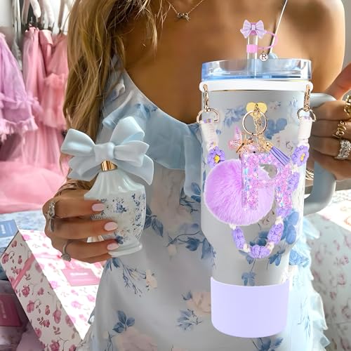 QUNNDY Stanley Cup Accessories Set, 10mm Stanley Straw Topper, Siliocne Cup Boot, Water Bottle Handle Strap, Letter Charms for 40oz 30oz Tumbler (R) - Image 5