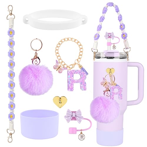 QUNNDY Stanley Cup Accessories Set, 10mm Stanley Straw Topper, Siliocne Cup Boot, Water Bottle Handle Strap, Letter Charms for 40oz 30oz Tumbler (R) - Image 1