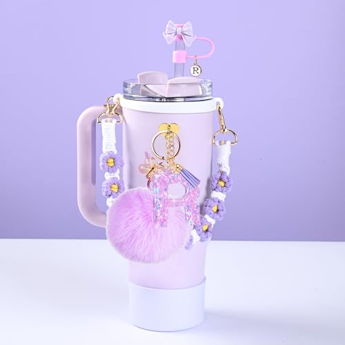 QUNNDY Stanley Cup Accessories Set, 10mm Stanley Straw Topper, Siliocne Cup Boot, Water Bottle Handle Strap, Letter Charms for 40oz 30oz Tumbler (R) - Image 4