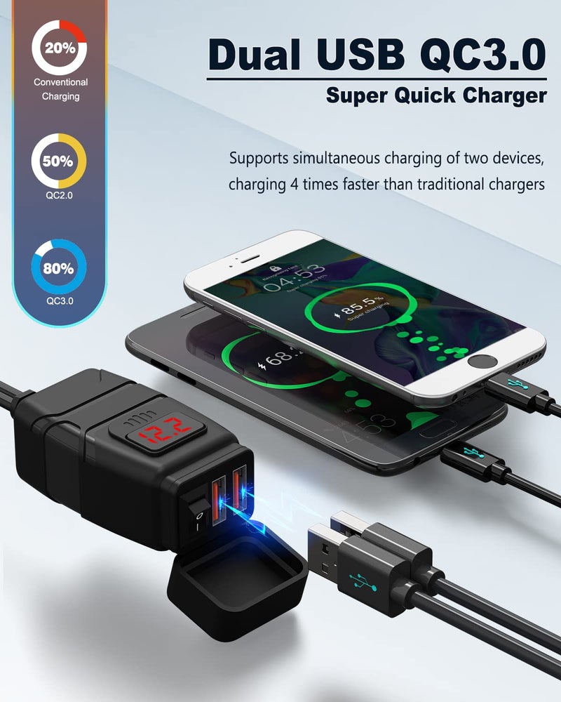 EXTRACTME Motorcycle USB Charger, 6.8A Quick Charge 3.0 Dual USB Motorcycle Phone Charger with Voltmeter & ON/Off Switch, Waterproof Quick Disconnect SAE to USB Adapter for Phone, Tablet, GPS - Image 2