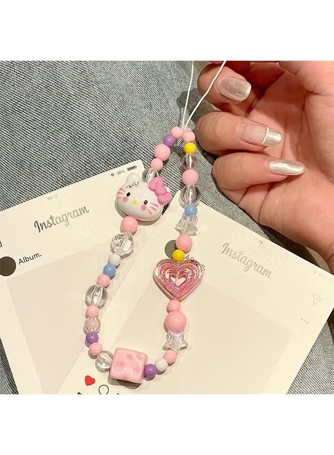 Hello Kitty 3-piece mobile phone charm, beaded mobile phone charm, cute lanyard, suitable for camera keychain, wallet pendant decoration - Image 3
