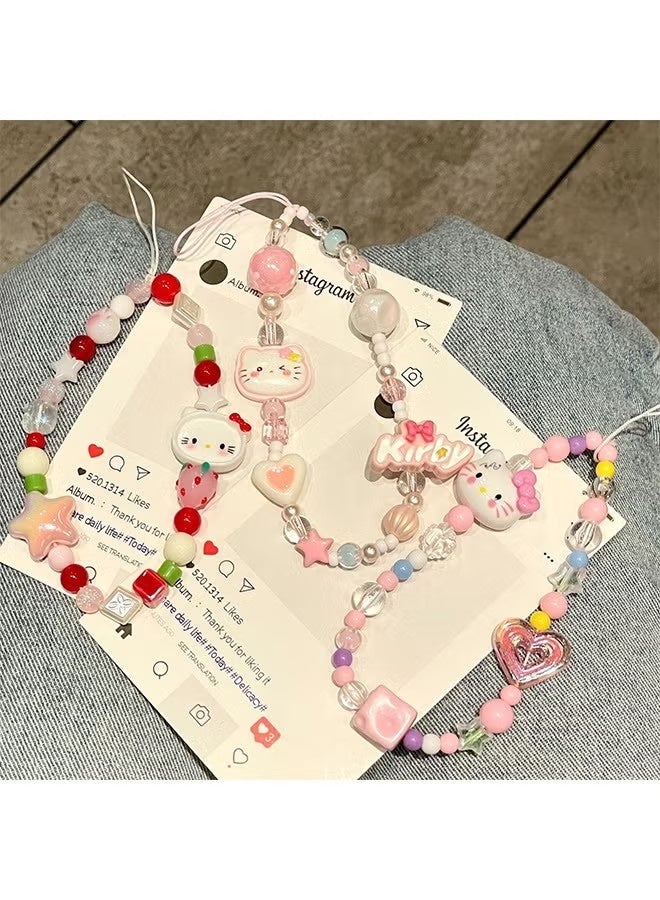 Hello Kitty 3-piece mobile phone charm, beaded mobile phone charm, cute lanyard, suitable for camera keychain, wallet pendant decoration - Image 1