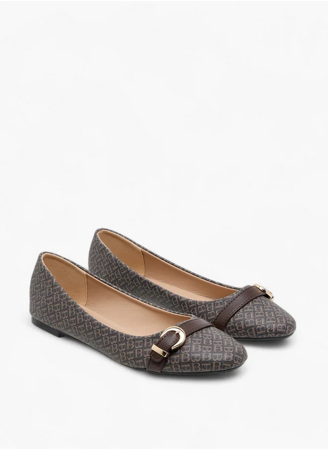 Flora Bella By Shoexpress Women's Monogram Print Ballerina Shoes with Buckle Detail