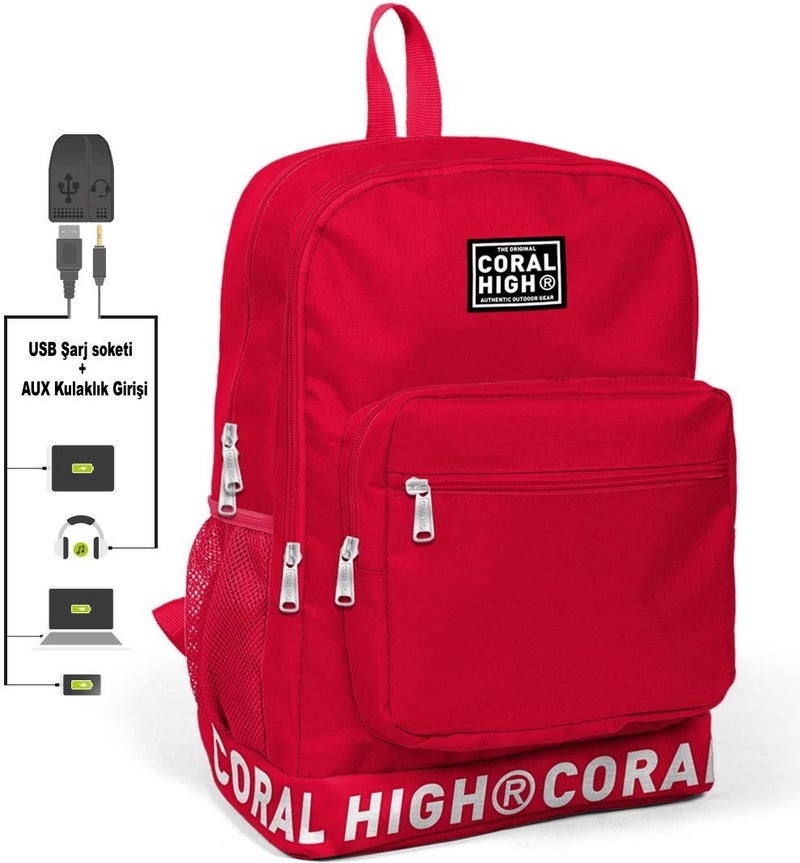 CORAL HIGH Red Backpack with Embroidery Logo and USB Charging Headphone Output 24103