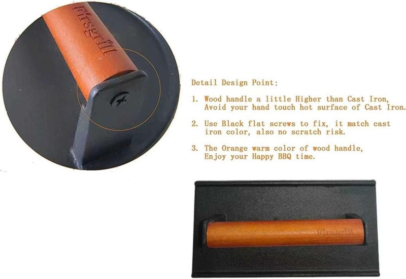 Firsgrill 8.3"×4.3" مكبس برجر من الحديد الزهر الثقيل مع مقبض خشبي لطهي اللحم لأسطح الشواء من بلاكستون وكامب شيف وبيت بوس ووبر (مستطيل) - Image 4