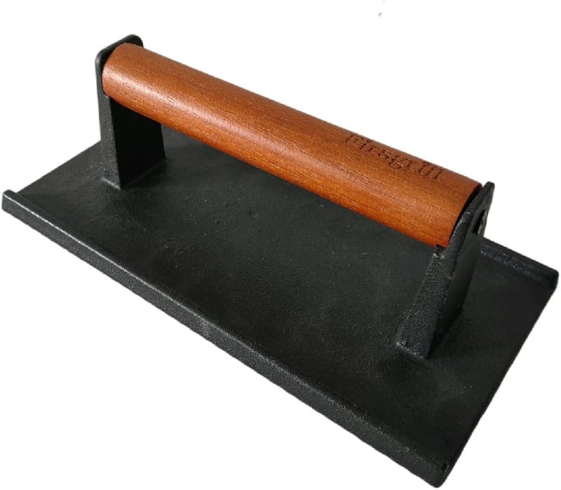 Firsgrill 8.3"×4.3" مكبس برجر من الحديد الزهر الثقيل مع مقبض خشبي لطهي اللحم لأسطح الشواء من بلاكستون وكامب شيف وبيت بوس ووبر (مستطيل) - Image 1